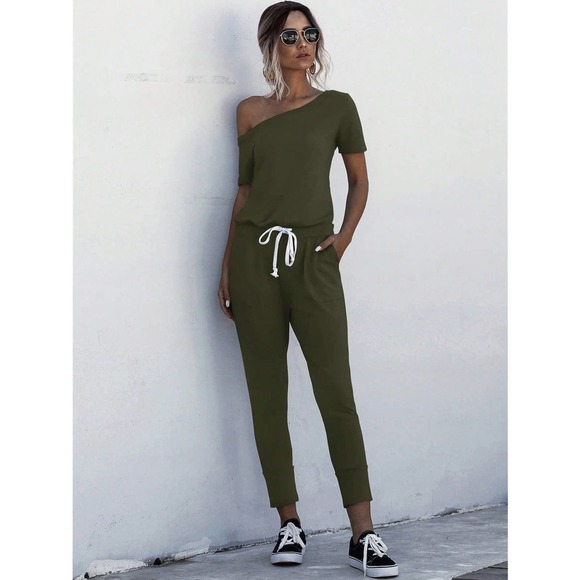 minimalist Asymmetrical Neck Drawstring Waist Slant Pocket Tee Jumpsuit - Picture 10 of 11